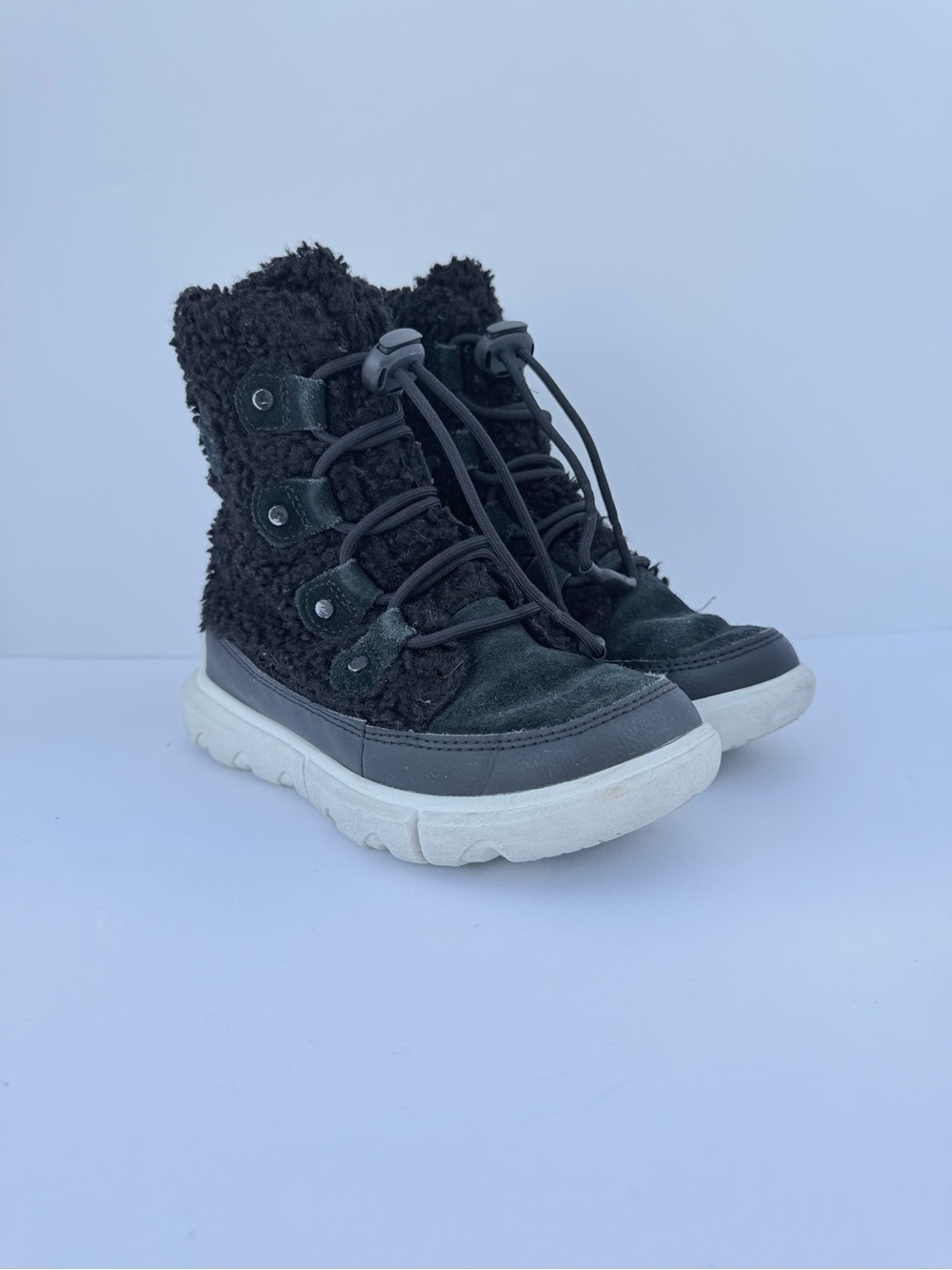 SOREL Kids Youth Explorer Cozy Black Sherpa Winter Boots
